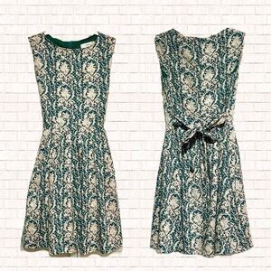 G. Lungta London fit & flare party dress dark green damask pattern Small EUC OBO